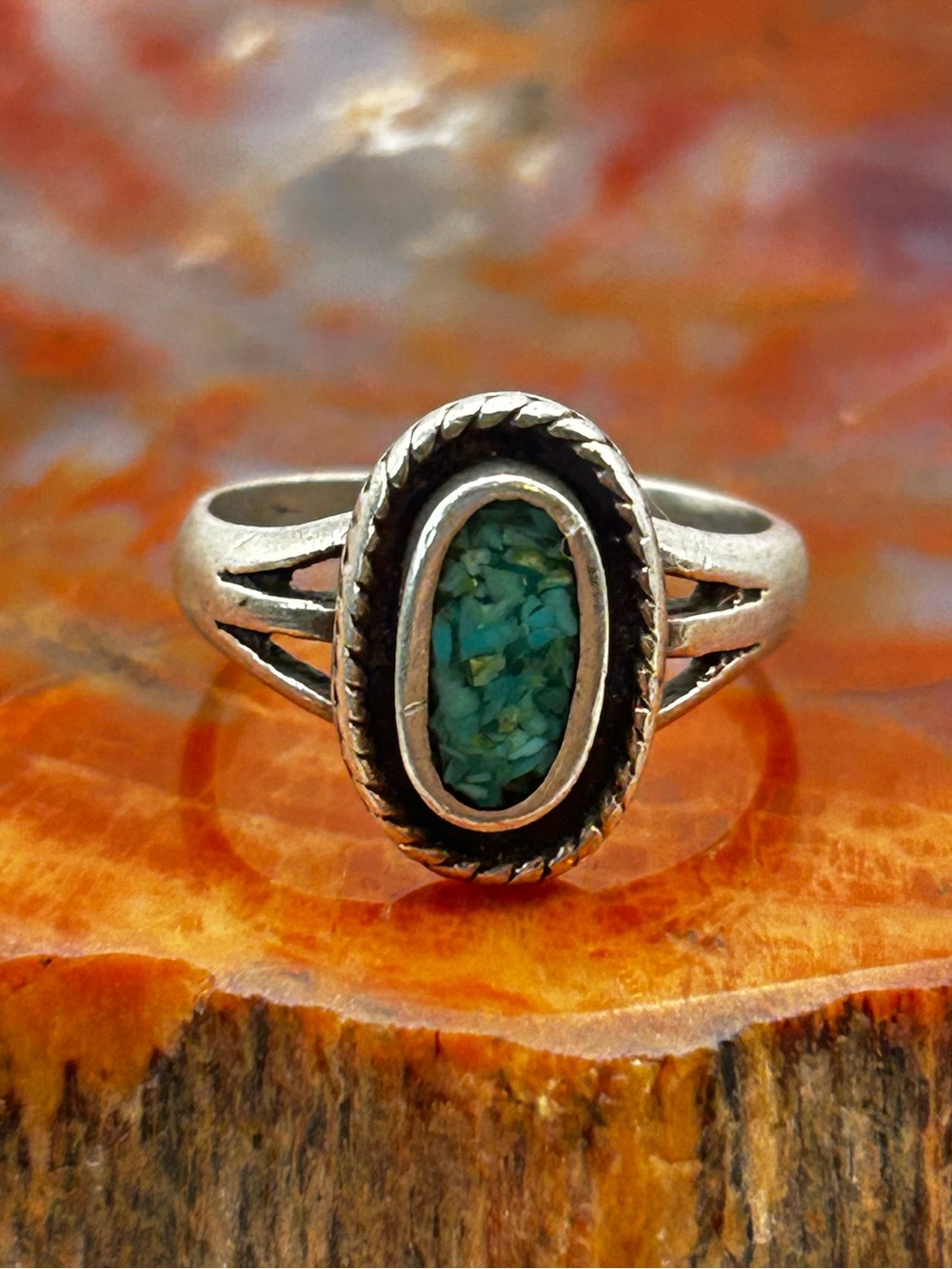 Vintage Sterling Silver Malachite Ring, grounded inlay - Size 6